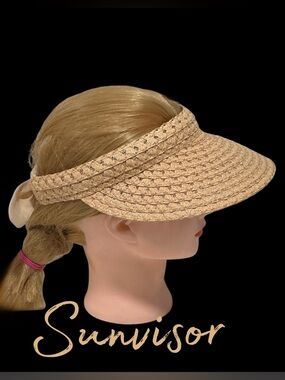 Sun Visor Hat Tan Straw with Elastic Back and Box NWOT